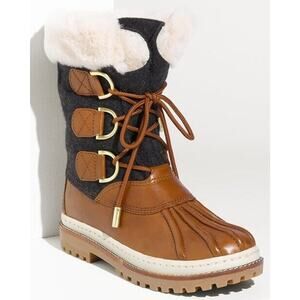 Tory Burch Grey Flannel Brown Leather Duck Boots Size 5 Fur NIB Women's Rain